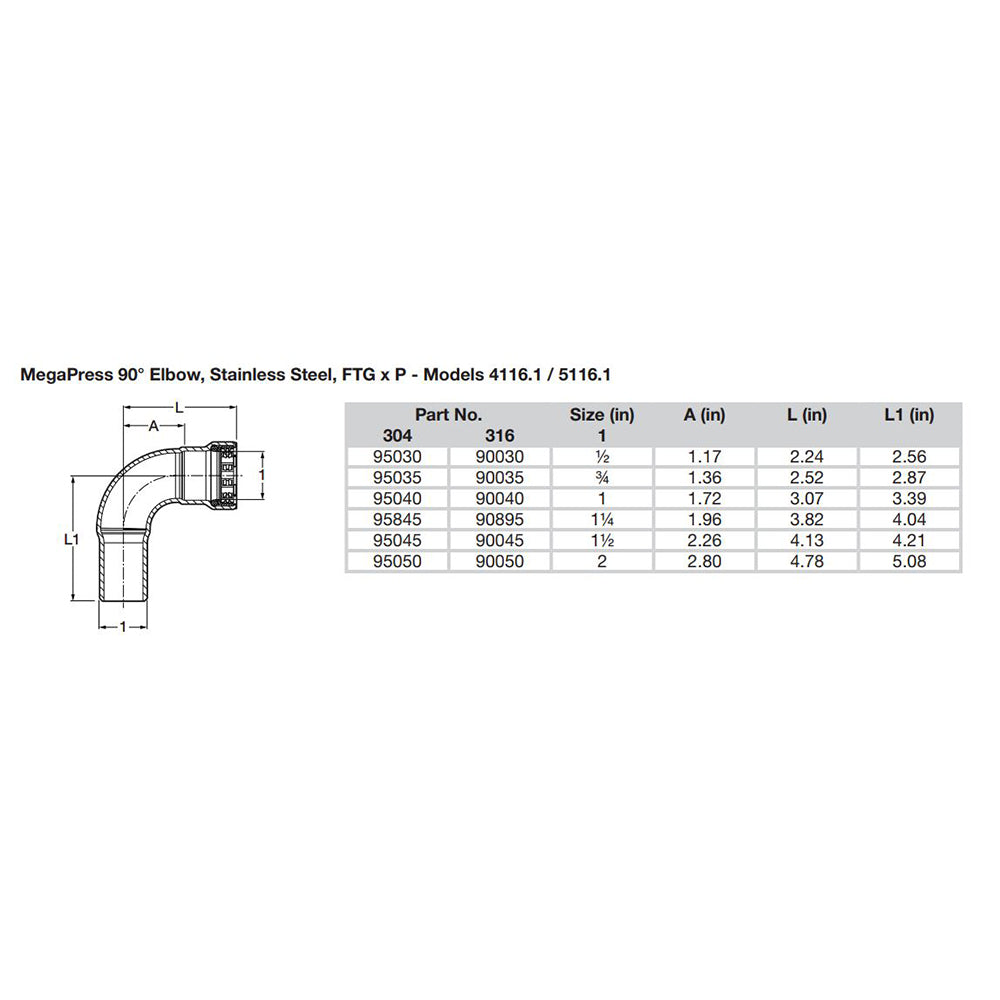 Viega MegaPress 1/2" 90° Stainless 304 Elbow - Street/Press Connection - Smart Connect Technology