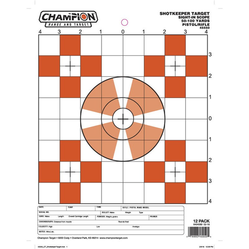 Champion Targets 45550 Shot Keeper 5 Bullseye Sight-in 100 Yard Pistol/rifle Targets, Orange, Small, 12 Pack
