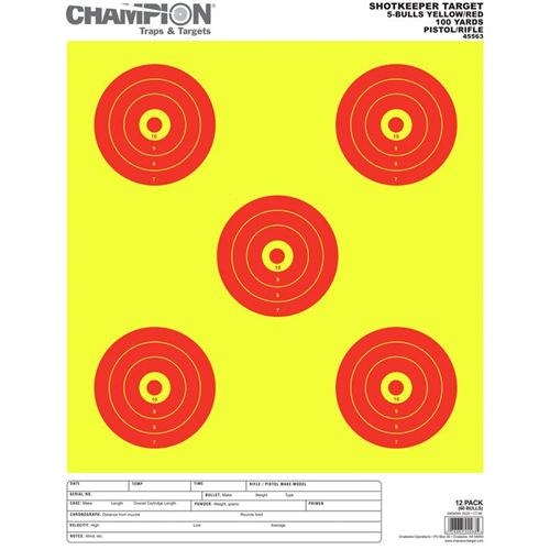 Champion Targets 45563 Shot Keeper 5 Bullseye 100 Yard Pistol/rifle Targets, Yellow/red, Large, 12 Pack