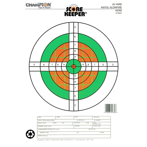 Champion Targets 45760 Score Keeper Fluorescent Orange & Green Bullseye Target, 25 Yard Pistol Slow Fire, 12 Pack