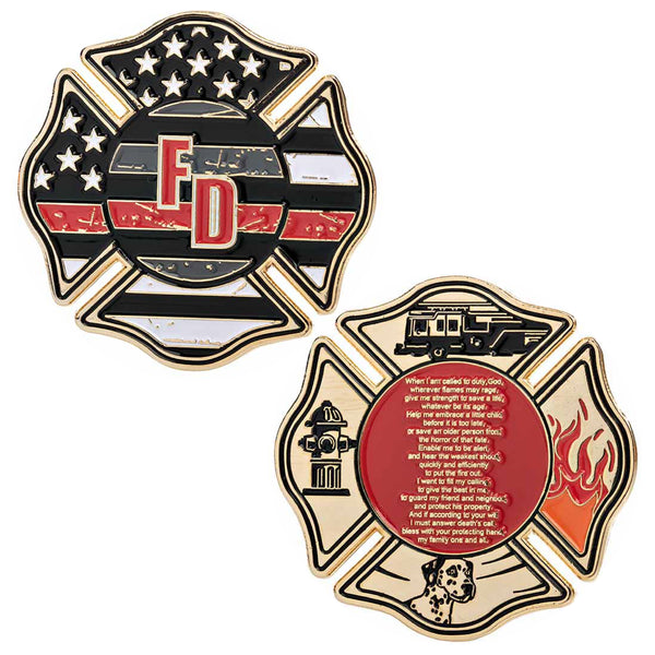 Thin Blue Line Firefighter's Prayer - Thin Red Line Challenge Coin