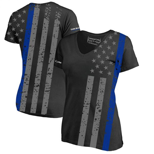 Thin Blue Line Women's Athletic V-neck T-shirt - All-over, Thin Blue Line