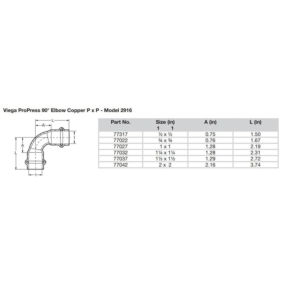 Viega ProPress 1-1/2" - 90° Copper Elbow - Double Press Connection - Smart Connect Technology