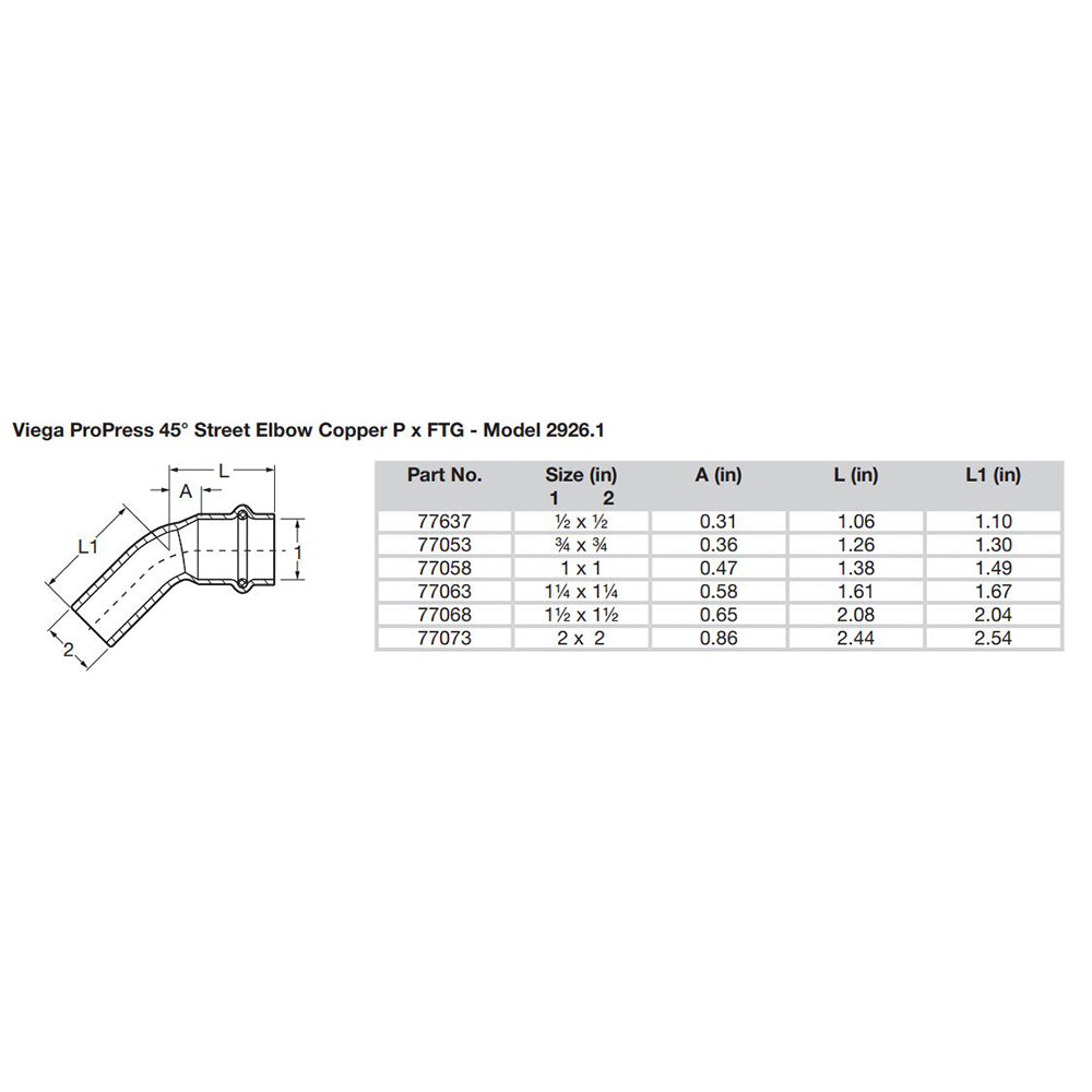 Viega ProPress 1" - 45° Copper Elbow - Street/Press Connection - Smart Connect Technology