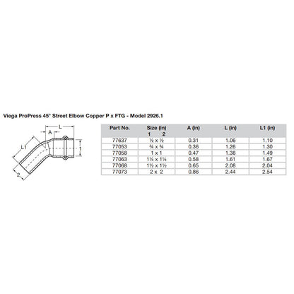 Viega ProPress 1-1/2" - 45° Copper Elbow - Street/Press Connection - Smart Connect Technology