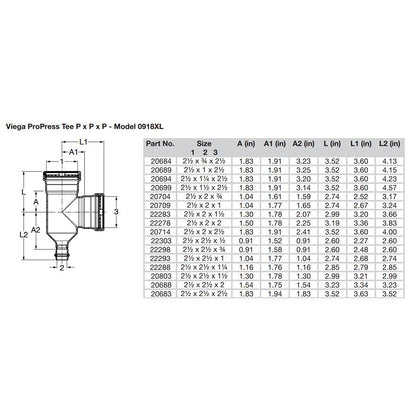 Viega ProPress 2-1/2" Copper Tee - Triple Press Connection - Smart Connect Technology