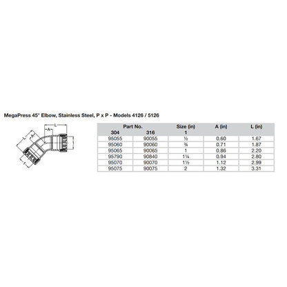 Viega MegaPress 1" 45° Stainless Steel 304 Elbow - Double Press Connection - Smart Connect Technology