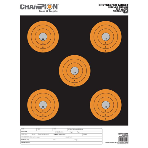 Champion Targets 45555 Shot Keeper 5 Bullseye 100 Yard Pistol/rifle Targets, Orange, Large, 12 Pack