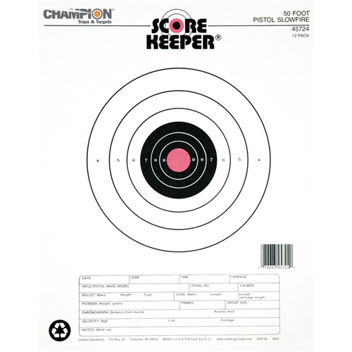Champion Targets 45724 Score Keeper Fluorescent Orange & Black Bullseye Target, 50 Foot Pistol Slow Fire, 12 Pack