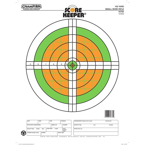 Champion Targets 45762 Score Keeper Fluorescent Orange & Green Bullseye Target, 100 Yard Small Bore Rifle, 12 Pack