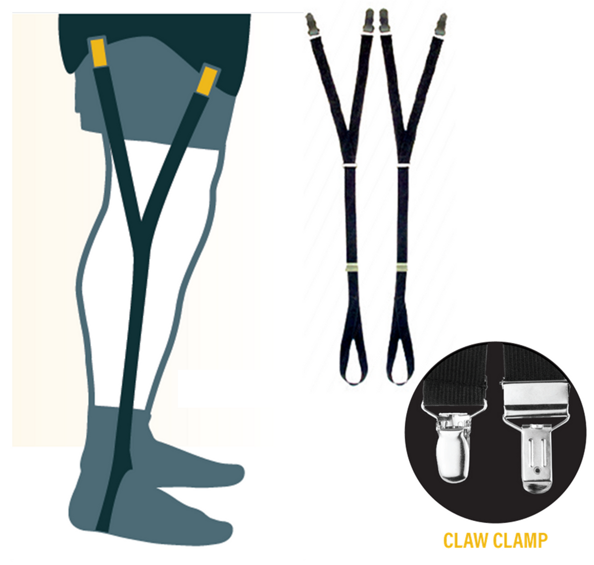 Adjustable Shirt Holders W/ Claw Clamp & Foot Loop Y-style Strap - Black