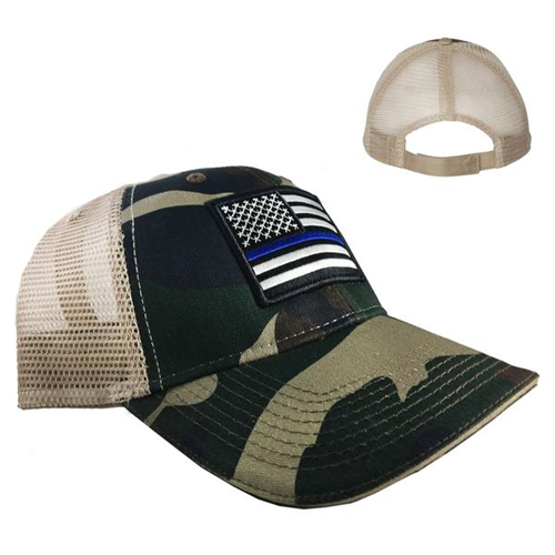 Camo Trucker Hat - Thin Blue Line American Flag